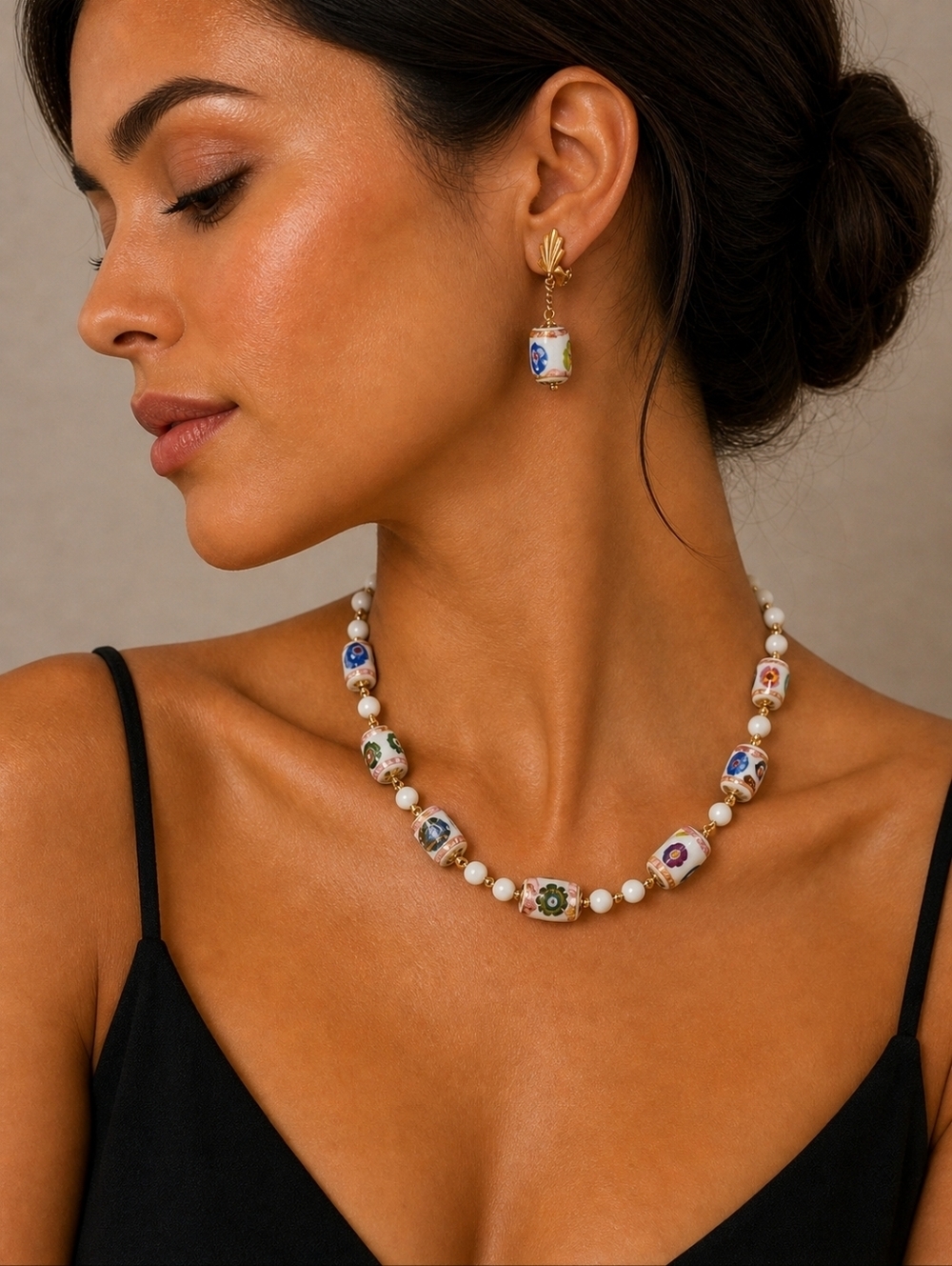 Estate Art Deco Venetian Milk Glass Beaded Necklace Clip-on Earrings Set